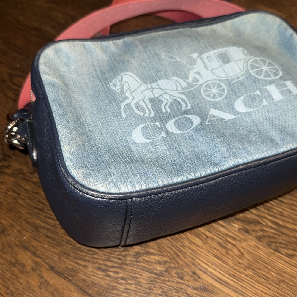 Authentic Coach Blue Denim crossbody Bag with Coral Strap - Picture 15 of 17